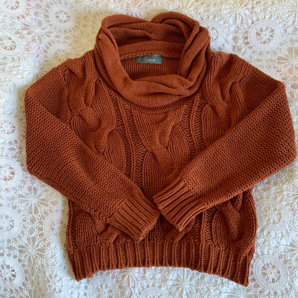 Willow knit cowl turtleneck burnt orange sweater